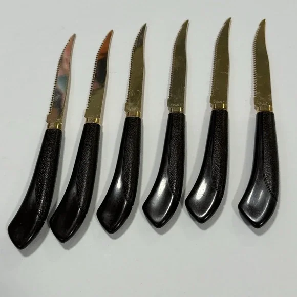 Quikut Gold Blade Faux Wood Handle Knives Set Of 6 Stainless USA