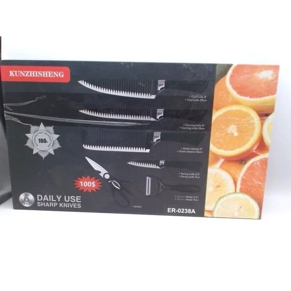 Kunzhisheng - Daily Use Sharp Knives Set, 6 Pc Set, Black, BRAND NEW IN BOX