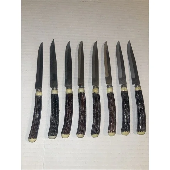 Vintage 8‎ Stainless Steel Faux Antler Steak Knives Made in Japan