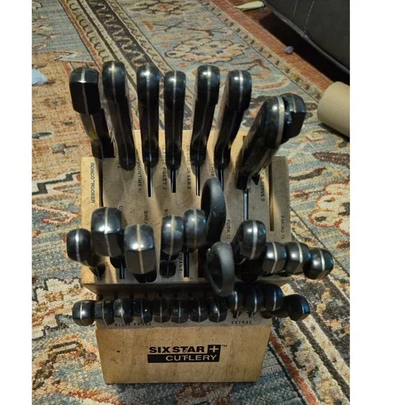 Ronco Six Star Plus‎ Cutlery 30 Piece Knife Set with Wood Block Black Handles