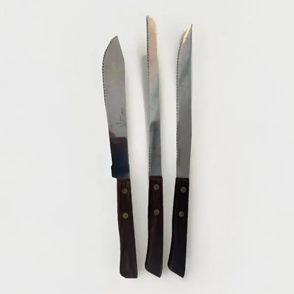 Vtg Set of 3 Long Serrated Knives Stainless Steel Wood Handle Rivets Japan