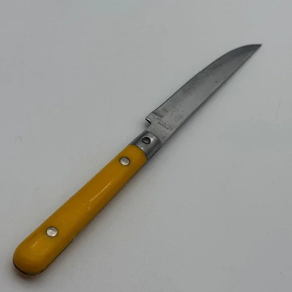 Vintage Yellow Handle Steak Knife Stainless Taiwan Serrated Retro MCM Flatware