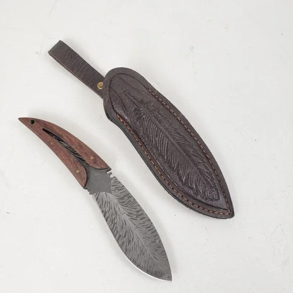 Custom Damascus Steel Feather Blade Hunting Knife Wood Handle Leather Sheath 8in