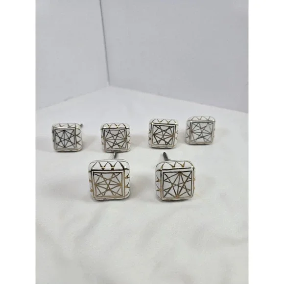 Lot of 6 White Ceramic Drawer Knobs Gold Geometric Lines Square Shape 1.5