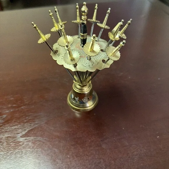 - Vintage Spain Mini Sword Cocktail Appetizer 12 Pick Set W/ Brass Stand Bell