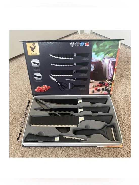 Black Serrated Knife Set with Peeler and Scissors