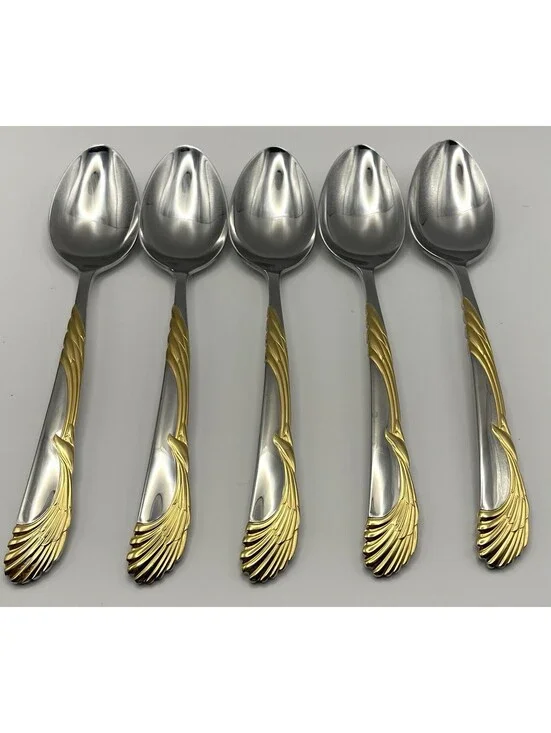 (5) Sasaki WINGS Gold Accent Gerald Patrick Stainless Teaspoon Lot ~ 6.5”