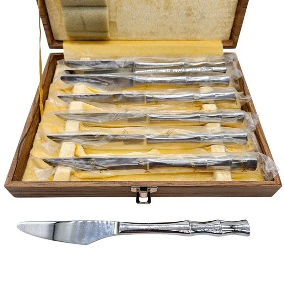 VTG Eldan Bamboo Handle Design‎ Stainless Steel Japan 8 Pc Knife Set w box READ