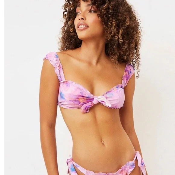 Frankie’s Bikinis Tie Dye Ruffle Lilac Violet Bralette Knotted Bikini Top