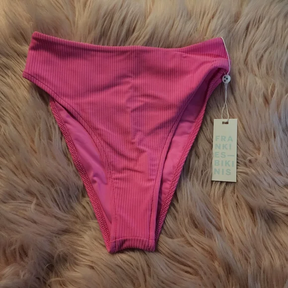 Frankies Bikinis Jenna ribbed high waist bikini bottom bright pink