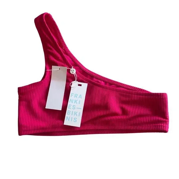 Frankies Bikinis Barb Ribbed One-Shoulder Top XS Hot Pink NWT