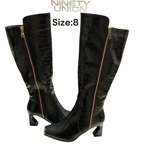 Ninety Nine Black Over the Knee Boots with Textured Finish