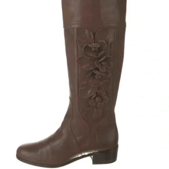 Valentino Garavani brown leather floral appliqué riding knee-high boots size 38.