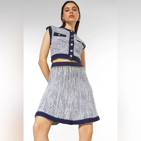 Karen Millen Tweed Knit Military Trim Top Size XS And Chain Detail Skirt Size M‎