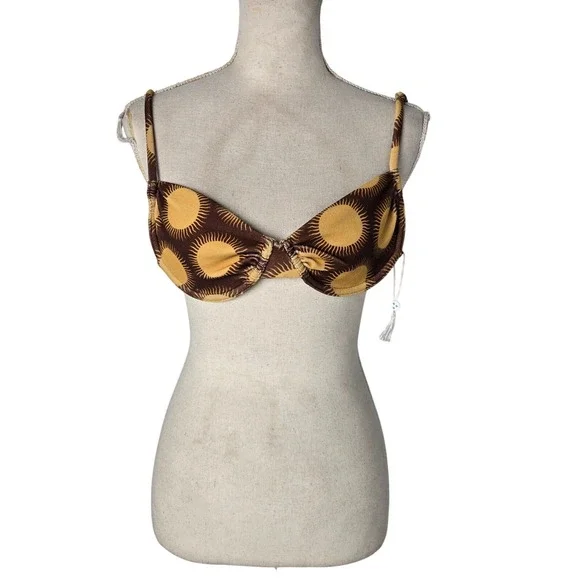 Frankies Bikinis Sun‎ Print Bikini Top Large Brown Yellow Twist Front