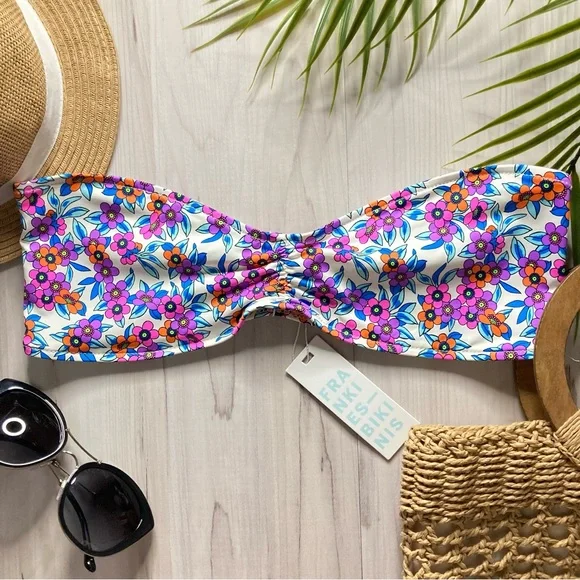 Frankie’s Bikinis 🌸 Floral Cinched Strapless Bandeau Bikini Top 🏝️☀️👙