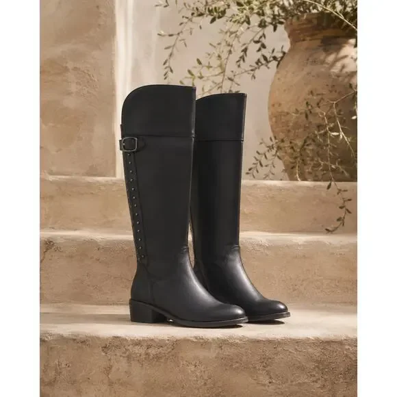 VINCE CAMUTO Womens Size 6 Studded Back Knee High Black Leather Riding Boots