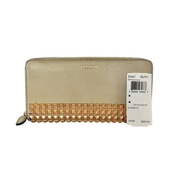 Coach Legacy Studded Accordion Parchment Leather Zip Wallet #F50467