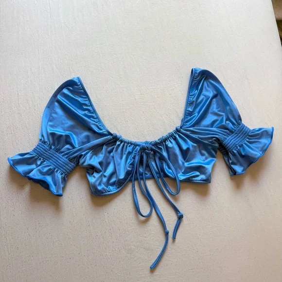 FRANKIE’S BIKINIS x NAOMI OSAKA blue short puff sleeve tie front swim bikini top