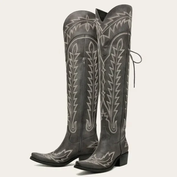 REDTOP The Ross Grey Over-the-Knee Wide Calf Cowgirl Boots Back Tie & Embroidery