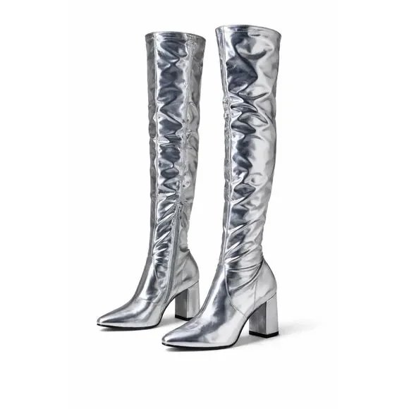 Silver Metallic OTK Boots Sz 12 Inside Zip Block Heel Pointed Toe