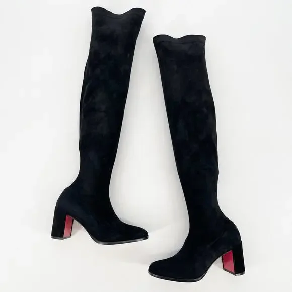 Christian Louboutin Stretchadoxa Black Over the Knee Block Heel Boots EU 37