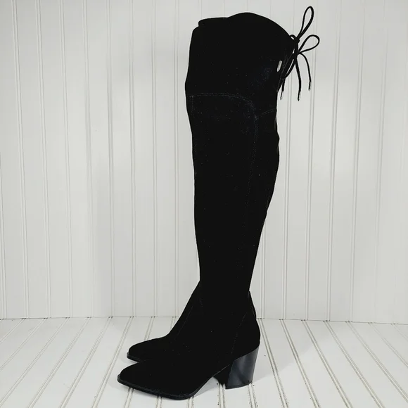 NEW Marc Fisher Comara Over The Knee Pointed Toe Boot Black Stretch Suede M43