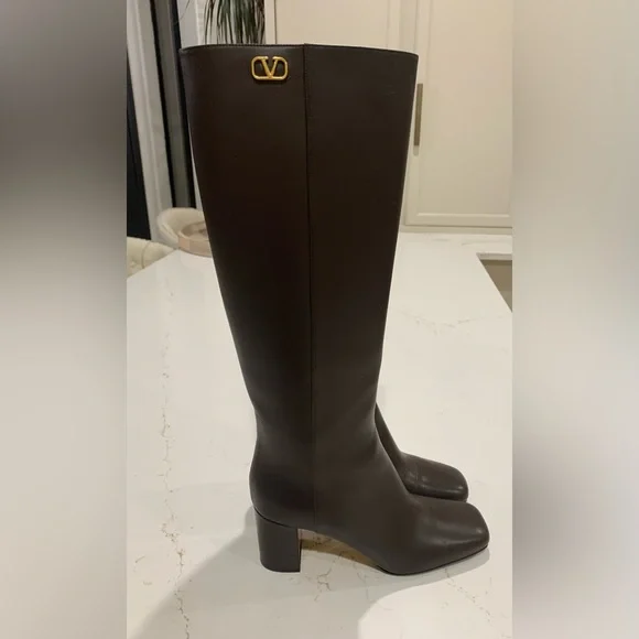 Valentino Garavani Dark Brown Leather Boots with Gold V Logo Size 40