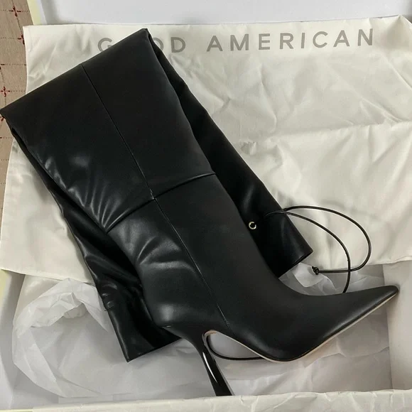 Good American “Carla” Over The Knee Black Boots Ultra High Spool Heel Sz 10