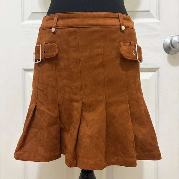 NEW Jacquie the Label Mini Skirt Faux Suede Brown Pleated Buckle Western Cowgirl