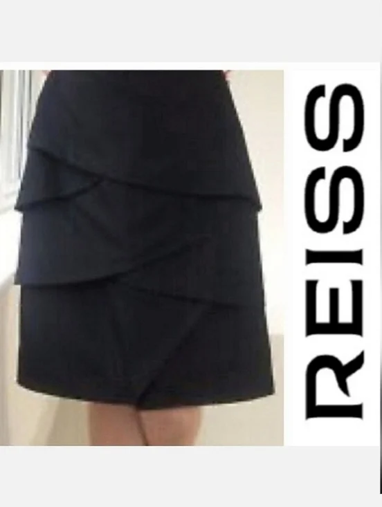 Reiss Elina Silk & Wool Blend Tiered Pencil Skirt Black UK 4 US XS-S
