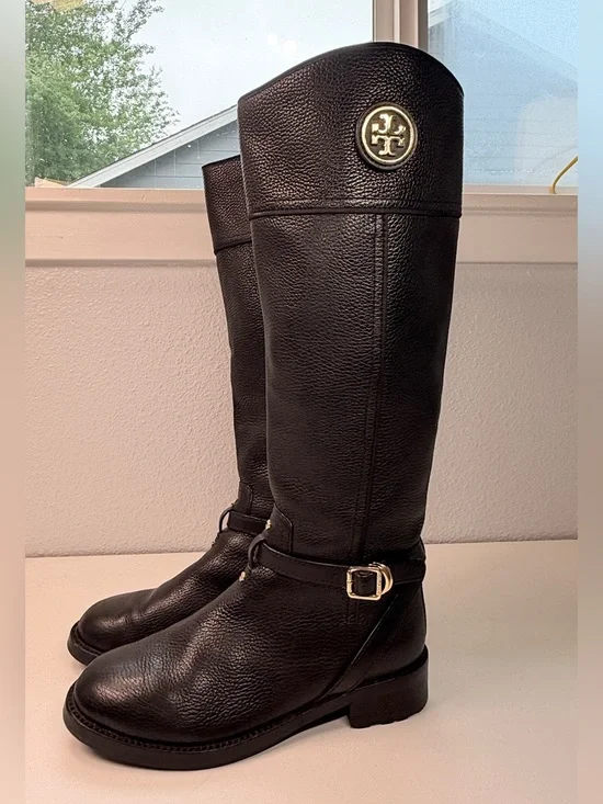 Tory Burch Tall Dark Brown Pebbled Leather Riding Boots Gold Logo size 8 Boots