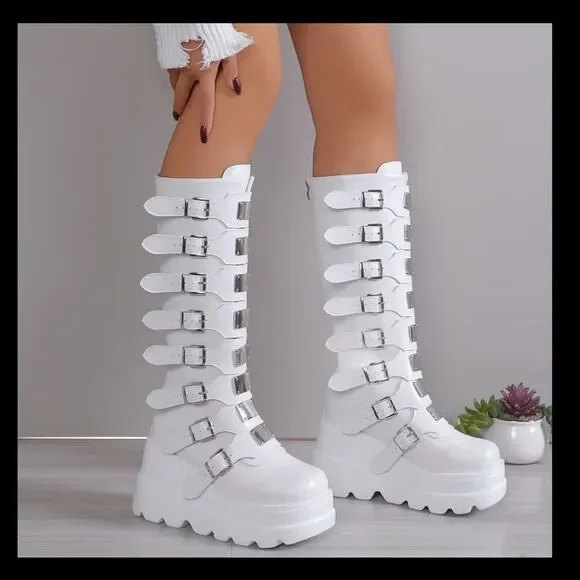 MISSLOOK White Over the Knee Buckle Boots