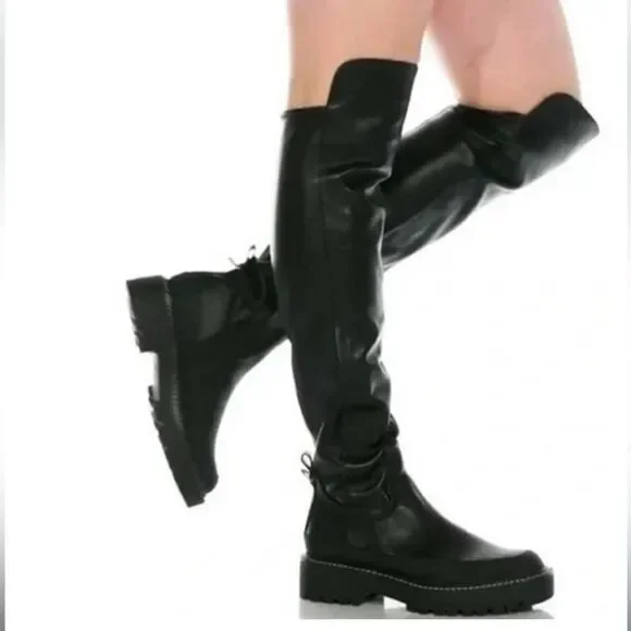 Sam Edelman Lerue Over The Knee Stretch Side Zip Lug Combat Boots Black NWOB