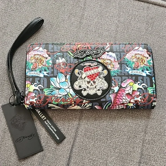 NWT Ed Hardy Wristlet Tattoo Graphic Wallet Zip Around Skull Love Kills Tiger