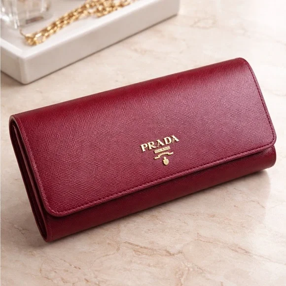 Prada Large Saffiano Leather Wallet Burgundy Like New Authentic