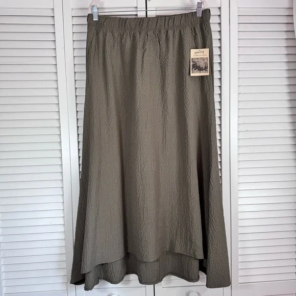 Habitat High-Low Textured Maxi Skirt Olive Green Crinkle Boho Festival Large NEW