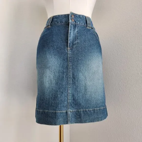 Vintage Y2K Medium Wash Denim Skirt Straight Knee Length Route 66 Size 10
