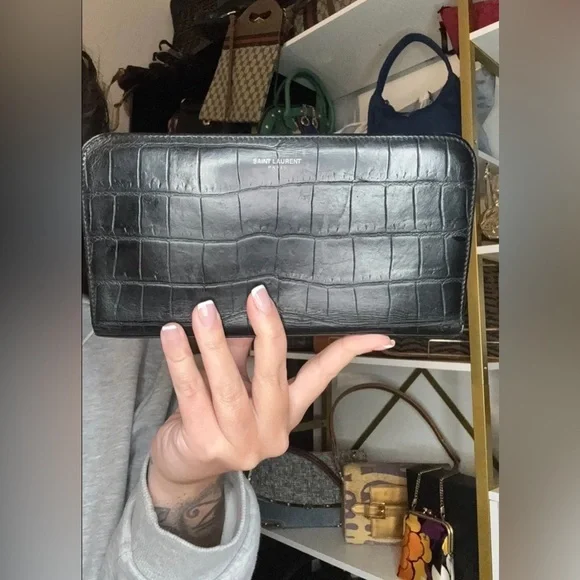 SAINT LAURENT leather croc embossed long zipper black wallet