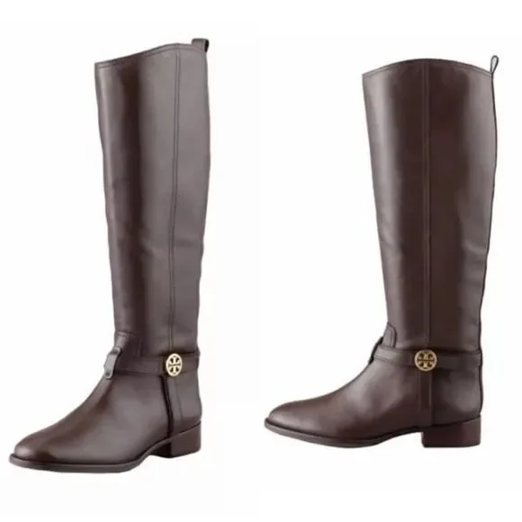 Tory Burch- Brown Bristol Leather Riding Boot with Gold Hardware, Sz 6.5