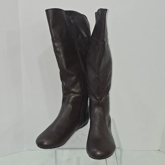 Kalli Womens Size 10 Brown Faux Leather Tall Slouch Boots Lace Up Back Flat Sole