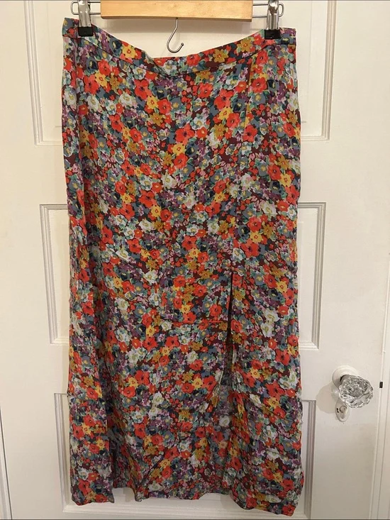 H&M Floral Crepe Midi Skirt Red Purple Blue with Slit