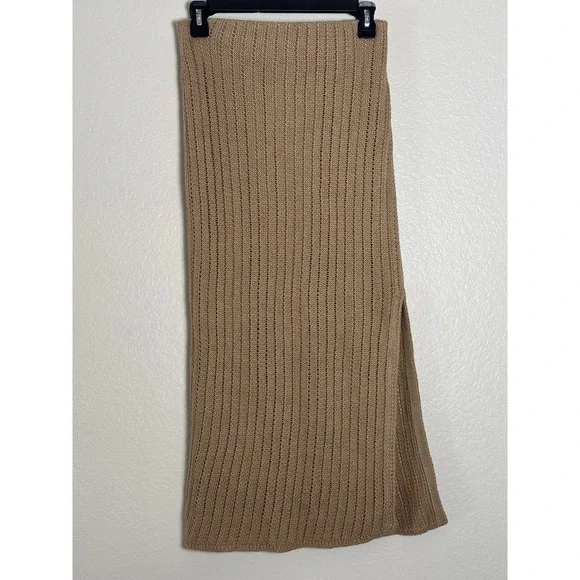 NWT Lauren Ralph Lauren Tan Crochet knit Midi Skirt 100% Linen Side Slit X-Small