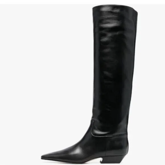 Black Square Toe Knee High Boot Wide Calf Low Chunky Heels Long Boot Party Shoes