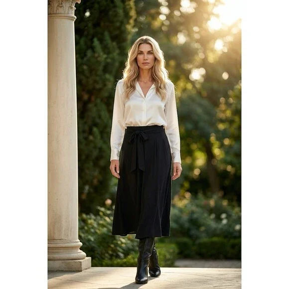 $215 The Kooples Skirt Womens Size 6 Black Midi High Waist Tie Belt