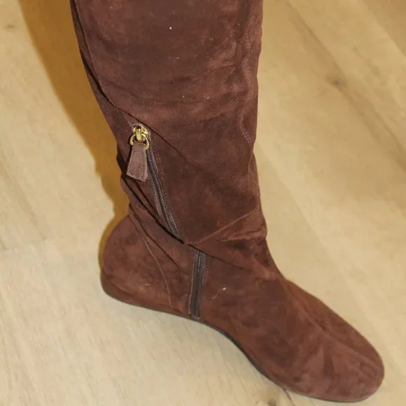 REDUCED ELAINE TURNER Brown Suede Leather Over the Knees Boots Wedge Heel 7 $395