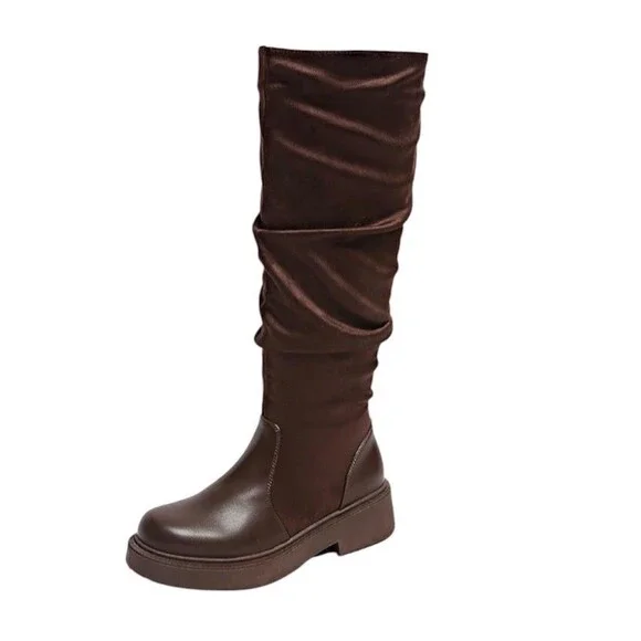 Women's Fashion Thick Heel Riding Boots Brown Side Zipper Durable Elegant 7.5