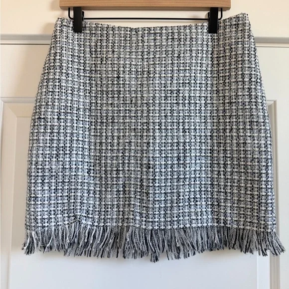 Riley & Rae Black, White and Blue Tweed Mini Skirt with Fringe