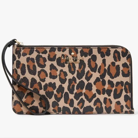 Kate Spade Lucy Leopard Medium L Zip Wristlet Brown Multi Leopard NWT