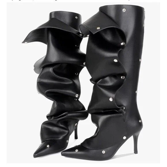 Eusibb Slouch Pointed Toe Knee High Boots Stiletto 8.5 Heel Pull On Convertible